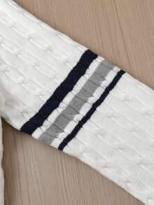 Boys White V-Neck Long Sleeve Knitted Cardigan With 3D Cable Knit And Contrast Stripe, Preppy Casual Versatile Sweater Jacket For School Daily Wear, Spring/Autumn/Winter - White - View 6