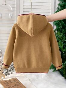 Boys' Hooded Full Zip Long Sleeve Knit Cardigan With Contrast Trim Design, Simple Casual Versatile Knit Jacket Suitable For School Daily Wear In Autumn/Winter - Khaki - View 3