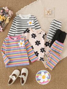 6pcs Baby Girl Spring/Autumn Set, 3D Flower Long Sleeve Top & Long Pants, Casual Home Base Layer, Multi-Color - Multicolor - View 1