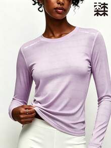 mulinsen Women's Long Sleeve Sports Top, Round Neck Printed Slim Fit Breathable, Suitable For Gym, Running And Daily Outdoor - Purple - View 2