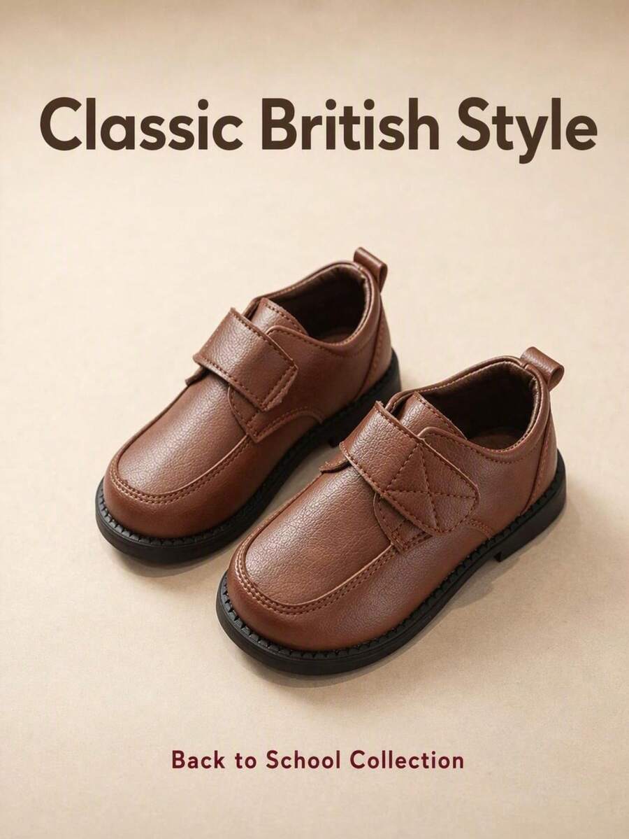 2-12 Years Old Boys Spring/Autumn New Black Breathable Comfortable Durable Casual British Style Formal Shoes, Hook And Loop Design Performance Shoes Suitable For Ball, Party, Minimalist Soft Sole Anti-Slip Campus Daily Children's Shoes