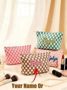 1 buah Tas Kosmetik Motif Kotak-kotak, Nama Dapat Disesuaikan, Tas Penyimpanan Perhiasan, Tas Kosmetik Bordir yang Dipersonalisasi, Organizer Perjalanan, Hadiah untuk Wanita dan Hadiah untuk Pengiring Pengantin - MultiWarna - View 2