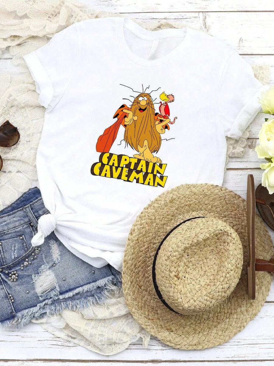 Camiseta de mujer con estampado retro clásico del Capitán Cavernícola, divertido estampado gráfico de dibujos animados, casual, unisex. - Blanco - Ver 1