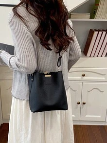 Black Litchi Texture Bucket Bag, Large Capacity Shoulder Crossbody Bag, Minimalist Commuter Versatile Women's Handbag - Black - View 8