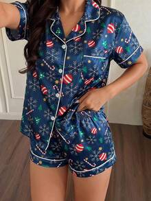Christmas 2pcs Women's Satin Snowflakes & Candy Cane Print Short Sleeve Collared Top And Bowknot Shorts Pajama Set - Blue - View 1