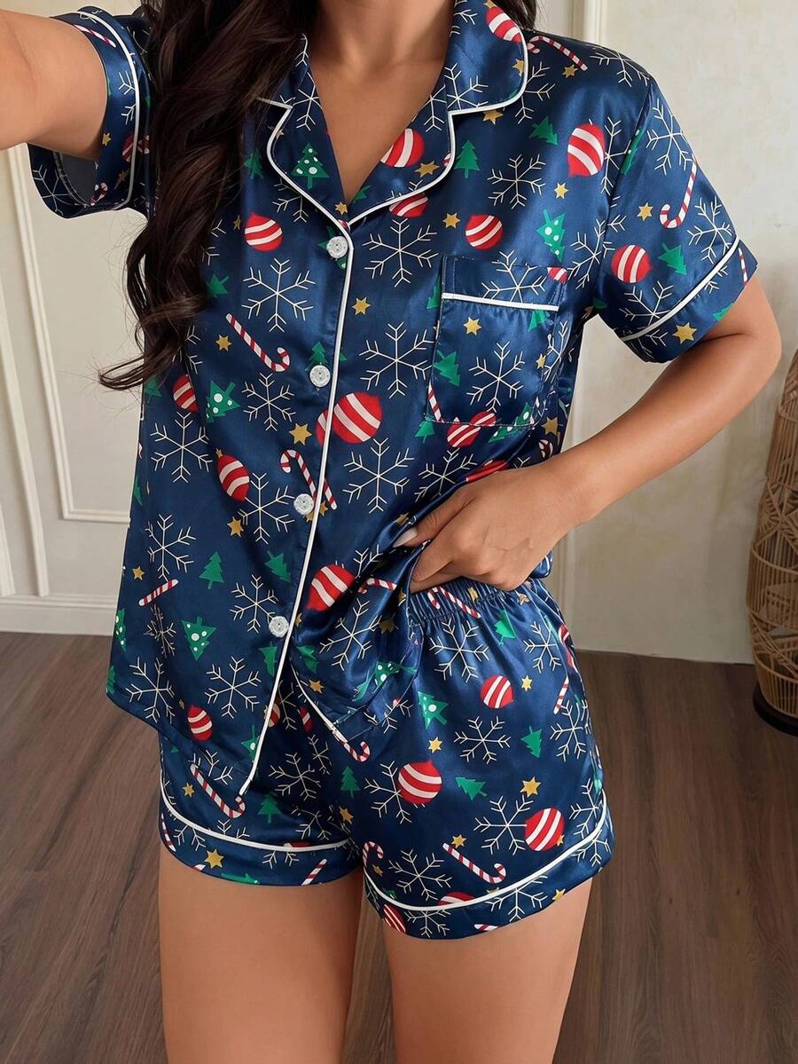 Christmas 2pcs Women's Satin Snowflakes & Candy Cane Print Short Sleeve Collared Top And Bowknot Shorts Pajama Set - Blue - View 1