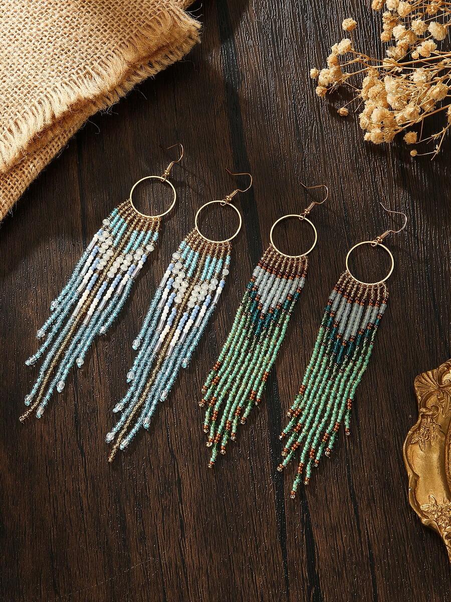 SOUL BEADING أقراط شرابات خرزية مصنوعة يدويًا، بأسلوب بوهيمي، بأسلوب عطلة عتيق، حلقة معدنية، نمط هندسي متدرج، شرابات طويلة باللون الأخضر والأزرق، مناسبة للارتداء اليومي، أسلوب متعدد الاستخدامات، ارتداء في جميع الفصول، هدية - شرابات مزينة بالخرز - مشاهدة 1