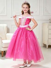 Young Girl Colorblock Pleated Cute Dress, Suitable For Party And Banquet - Hot Pink - View 3