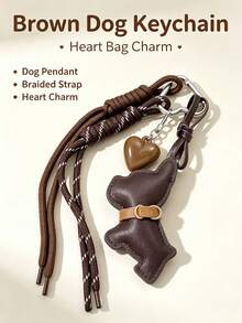 Vintage PU Dog Keychain, Cute Bag Charm, Braided Tassel & Glossy Heart Pendant, Metal Carabiner, Aesthetic Retro Bags Accessory For Dog Lovers - Multicolor - View 5