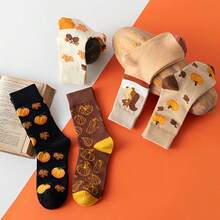 5 Pairs Brown Halloween Pumpkin Squirrel College Anime Style Mid-Calf Socks, Fashionable Cute Comfortable Best Girls Socks - Multicolor - View 6