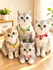 2pcs/Set Colorful Pet Collar Set, Adjustable Cat And Dog Collar With Bell, Cute Paw Print Bell Design, Multi-Color Dopamine Style, Adjustable Buckle, Suitable For Cats And Small Dogs Pet Couple Collar, Random Color - Multicolor - View 2