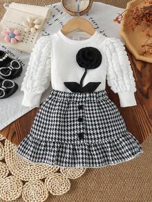 2pcs Baby Girl Spring/Autumn Set.3D Black Floral Puff Sleeve Top & Houndstooth Mermaid Skirt Thin - Black and White - View 1