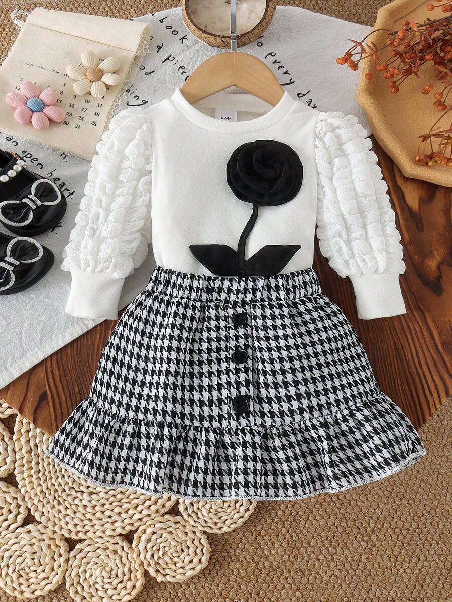 2pcs Baby Girl Spring/Autumn Set.3D Black Floral Puff Sleeve Top & Houndstooth Mermaid Skirt Thin - Black and White - View 1