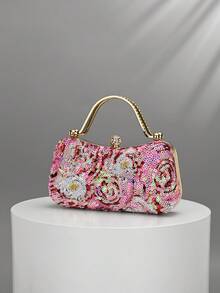 1件復古花卉亮片刺繡晚宴手拿包，水鑽金屬手柄與水晶鎖扣，重工珠飾工藝，適合婚禮派對禮服搭配，優雅復古女款手提包 - 玫紅色 - 查看 5