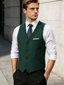 Vest For Men Solid Formal Suit Waistcoat With Wide Pockets For Business Wedding Party To Match Men Suits - Dark Green - View 2
