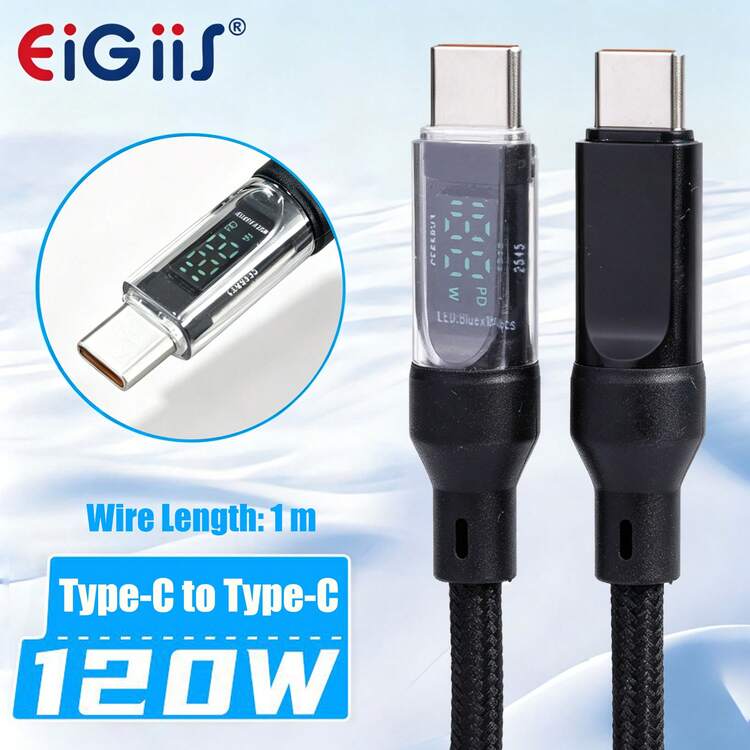 EIGIIS 1/2入 120W 超快充 USB-A 轉 Type-C 數據線，附 LED 顯示螢幕，磨砂質感，支援數據同步與 PD 快充，6A 大電流，適用手機、智慧型手機與裝置充電適配器，USB 充電線，黑色 - 黑色 - 查看 7