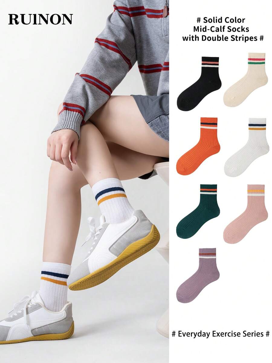 1/7 Pairs All-Season Moisture-Wicking Soft Skin-Friendly Breathable Odor-Resistant Black & White All-Match Color Contrast Striped Edge Mid-Calf Socks Retro Colorful All-Match Style Student Versatile Casual Long Socks - Multicolor - View 1