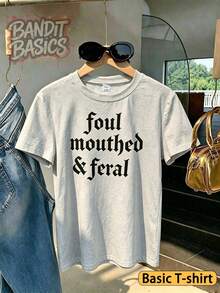 100% Cotton Crop Top T-Shirt With Gothic Lettering Foul Mouthed  , On Wooden Hanger, Glasses, Blue Jeans, Indoor Staircase, Vacation Outfitswomen - 基礎T-灰色 - 查看 1