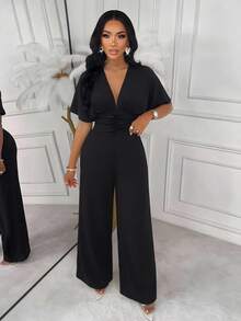 AIJ Autumn Elegant Black Knit Long Jumpsuit, Deep V-Neck Short Sleeve, Ruched Pleated Detail On Chest Summer - Fixed Black - View 5