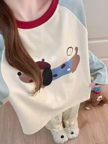 2pcs Women's Pajama Set, Pullover Round Neck Puppy Print Cute Childlike Long Sleeve Pants, Comfortable For Home Wear - Multicolor - View 5