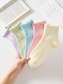 5 Pairs Ribbed Design Rolled Cuff Women's Short Socks, Non-Slip Comfortable Breathable, Suitable For All Seasons, Suitable For Sports And Casual Wear - Multicolor - View 8