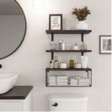 1 Set Over The Toilet Bathroom Storage Rack, Wall-Mounted Floating Shelf, Toilet Paper Holder, Farmhouse Style Decorative Shelf, 16 Inch, 3 Pieces, Brown - Multicolor - View 8