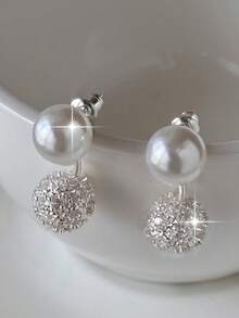 jealous young 1pair High-End Unique Faux Pearl & Cubic Zirconia Ball Drop Earrings, Elegant 2-In-1 Detachable Jewelry For Banquet, Party, Birthday Gift & Daily Wear - Silver - View 9