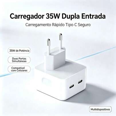 Carregador Fonte 35W Dupla Entrada USB-C, Carregador Rápido Tipo C Compatível com iPhone, Tomada Bivolt 2 Portas, Carregamento Rápido Seguro para Celulares, Tablets e Dispositivos Eletrônicos Portáteis