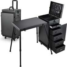 Rolling Manicure Table Foldable Nail Desk Five Drawers Cosmetic Makeup Storage Organizer Case Swivel Wheels Mobile Makeup Artist Workstation Trolley Brush Pouch - Shiny Pink - View 1