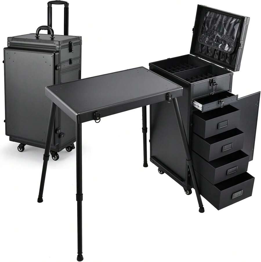 Rolling Manicure Table Foldable Nail Desk Five Drawers Cosmetic Makeup Storage Organizer Case Swivel Wheels Mobile Makeup Artist Workstation Trolley Brush Pouch - Shiny Pink - View 1