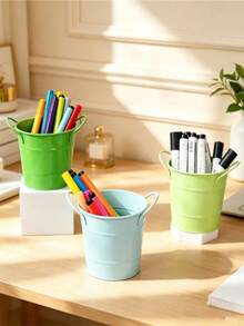1pc Dual‑Handle Bucket‑Shaped Desktop Pen Holder, Dopamine Color Multi‑Purpose Mini Succulent Plant Pot, Neutral Modern Decor Storage Organizer, For Home Office Dorm Study, Back To School Daily Desk Supplies - Multicolor - View 5