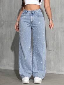 Women's Star Rhinestone Decor Loose Casual Straight Leg Jeans, Summer Vacation Street Party Fashion Jeans Fall - Light Wash - View 4