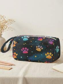 1pc Animal Paw Prints Corduroy Foldable Pencil Case With Side Pocket & Handle, Multi-Use Bag For Start Of School & Travel Essentials,School Supplies - Multicolor - View 2