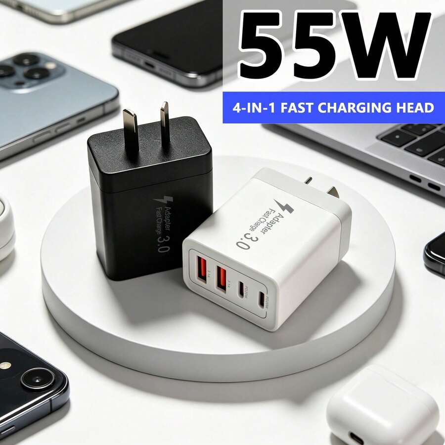 55W High-Speed Dual Port Charger, Equipped With 1 USB-A Port And 1 USB-C Port, Compatible With IPhone 17/16/15/14/13/12/11 Series, Compatible With Samsung Galaxy S26/S25/S24/S23 Series, Suitable For Home, Office And Travel Use. USB Charger, 4 Ports, 2A+2C, Wall Charger, Australian Standard Plug, Fast Charging, PD+QC, Multi-Port Power Adapter, 4-In-1 Portable Charger - AU Plug(220-240V) - View 1