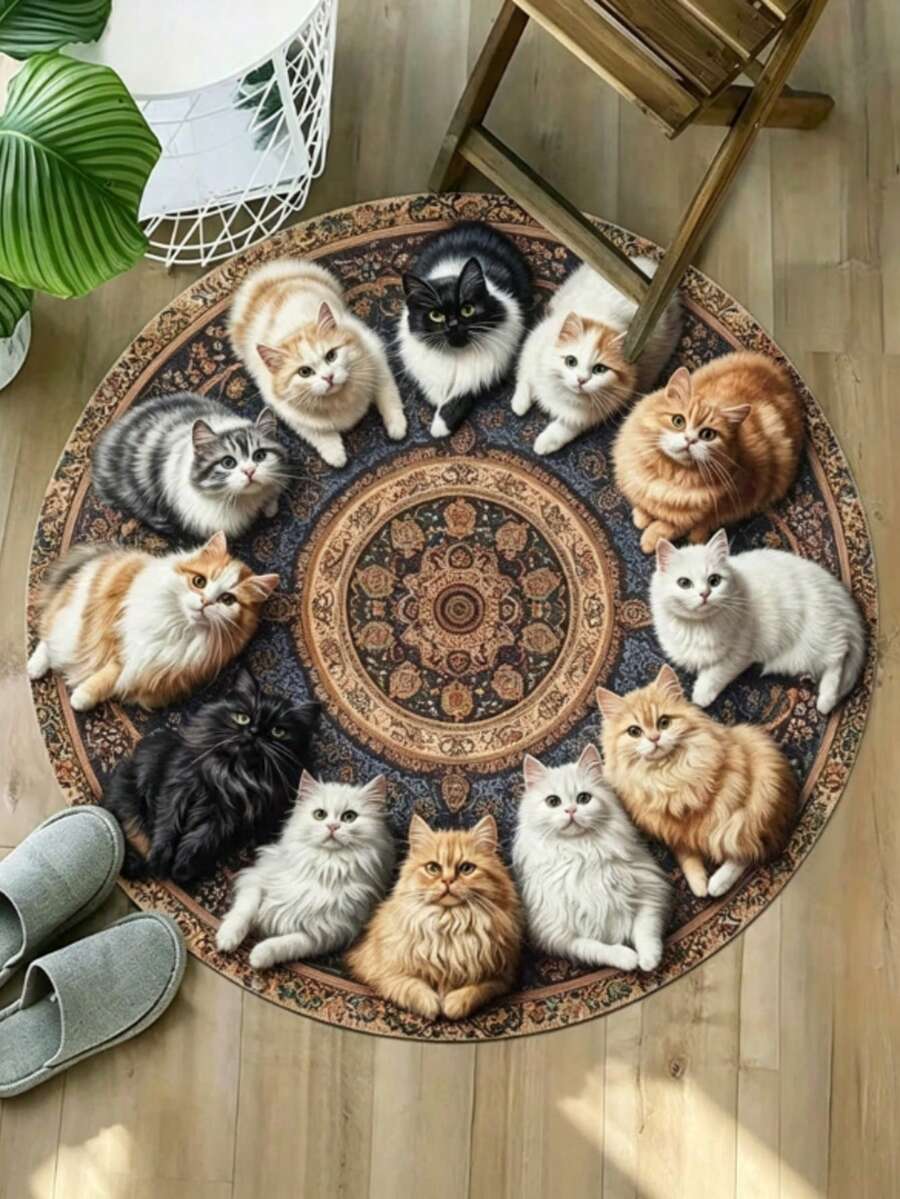 1件装猫咪图案圆形地垫,装饰地毯,卧室装饰,地垫,地毯,家居装饰,客厅地毯,小客厅地毯,卧室地毯,客厅家居装饰,户外地毯,可水洗地毯 - 多色B - 查看 1