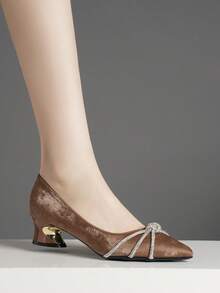 Rhinestone Strap Low Vamp High-End Women's Fashion Comfortable Versatile Chunky Heel High Heel Pumps - Brown - View 4