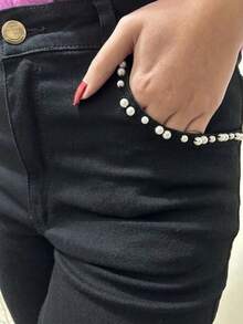pthirillo Women's Black Flare Jeans With Rhinestones, High Waist, Butt-Lifting, Premium Shine - Lumina Pearls 酒吧和口袋 - 查看 3