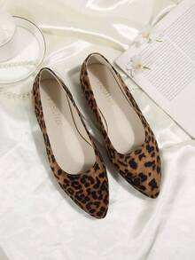 Leopard Print Pointed Toe Suede Low Vamp Flat Shoes For Women, New Retro Versatile Slip-On Shoes Suitable For Daily Commute, Work, Office Wear - Mocha Brown - View 2