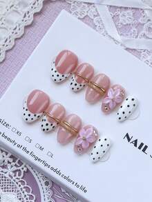 10 piezas de uñas postizas de forma almendrada corta hechas a mano, estilo francés clásico con flores prensadas, lunares en rosa nude, negro y blanco, flores 3D, adornos de línea metálica y strass, adecuadas para fiestas y uso diario, incluye juego de herramientas, regalo exquisito para mujeres - Multicolor - Ver 3