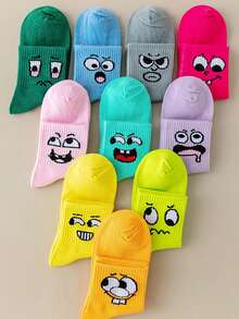 10 Pairs Random Mixed Color Kids Socks, Cartoon Cute Expression Pattern, Baby Boys & Girls, Japanese Style Versatile Mid-Calf Socks For Children & Teens - Multicolor - View 3