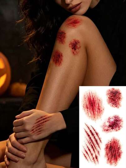 3pcs Halloween Waterproof Temporary Tattoo Stickers, Fake Wounds Fake Scratches Fake Blood, DIY Design Realistic Effect Waterproof Sweatproof, Suitable For Halloween Body Face Zombie Makeup Holiday Essential