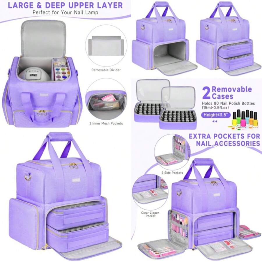 Nail Polish Organizer Holds 80+ Bottles, Nail Polish Carrying Case With 2 Removable Bags, Nail Organizers And Storage For Nail Tech, Portable Nail Supplies Holder, Mother Day Gift For Women Grils - Purple - View 1