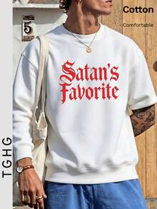 تي شيرت رجالي خفيف الوزن بأكمام طويلة وياقة دائرية، مطبوع من الأمام بنص "Satan's Favorite" باللون الأحمر بأسلوب قوطي - أبيض - مشاهدة 3