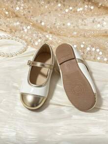Girls' Two-Tone Mary Jane Flat Shoes, White And Gold Toe Cap, Adjustable Strap, Non-Slip Soft Sole, Princess Dress Shoes, Suitable For Party, Wedding And Daily Wear - White - View 5