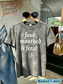 100% Cotton Crop Top T-Shirt With Gothic Lettering Foul Mouthed  , On Wooden Hanger, Glasses, Blue Jeans, Indoor Staircase, Vacation Outfitswomen - 水洗-灰色 - 查看 1