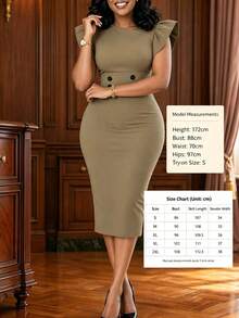 NOU Women's Mid-Length Dress With Wide Boat Neck Design To Flatter Neckline, Basic Short Sleeves, Waist-Cinched Bodycon Silhouette To Enhance Body - Khaki - View 3