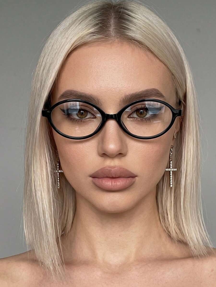 1 Pair Women's Black Oval Minimalist Solid Color Vintage Retro Style Personalized Plain Lens Glasses - Black - View 1