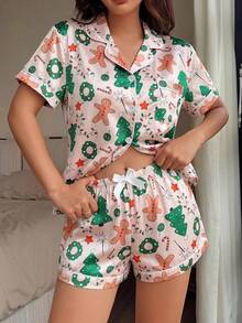 Julpyjamas för kvinnor, 2-delat set i satin med julgran- och pepparkaksman-motiv, kortärmad topp med krage och shorts med rosett - Aprikos - Visa 3
