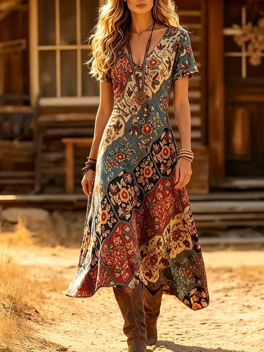Plus Size Women's Retro Western V-Neck Floral Print Short Sleeve Casual Dress, Spring/Summer Elegant - Blue - View 1