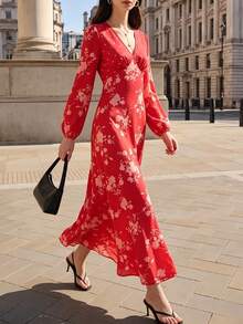 Fall Women Floral Midi Dress, V‑Neck Long Puff Sleeve Flowy A‑Line Printed Long Dress - Red - View 1
